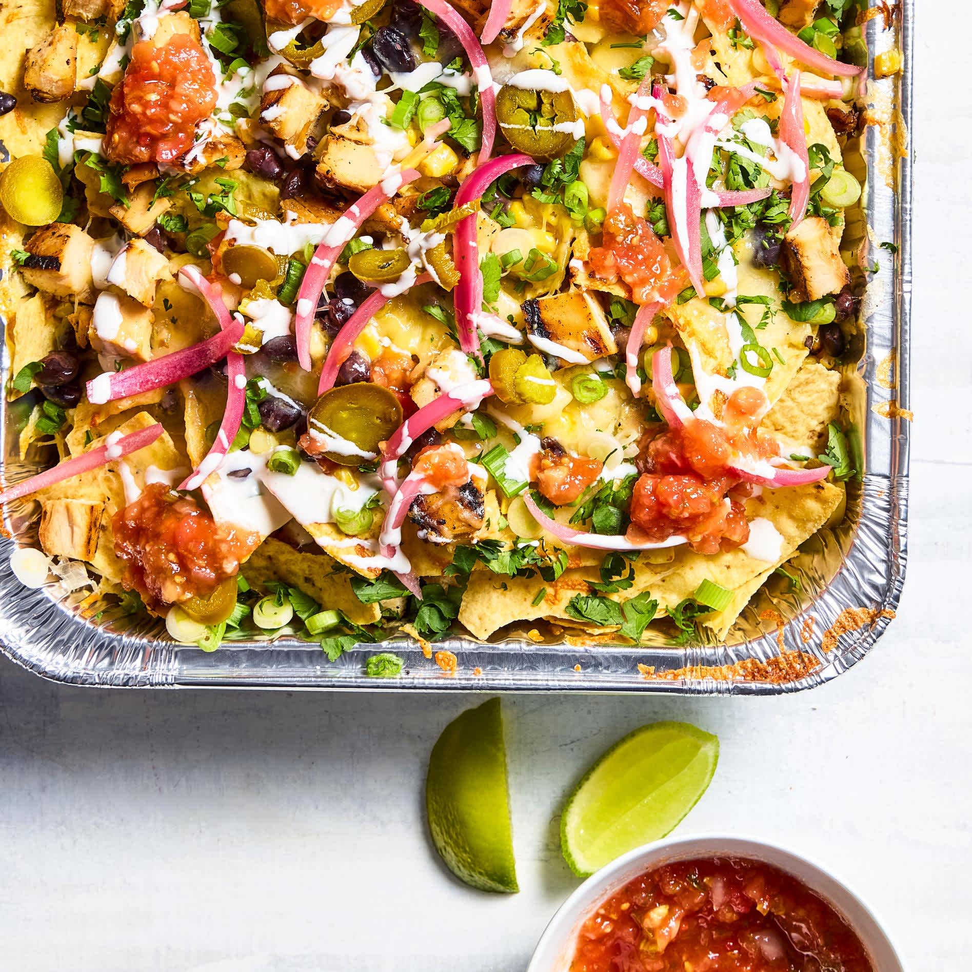 Grilled Chicken Nachos with Corn, Poblanos, and Black Beans