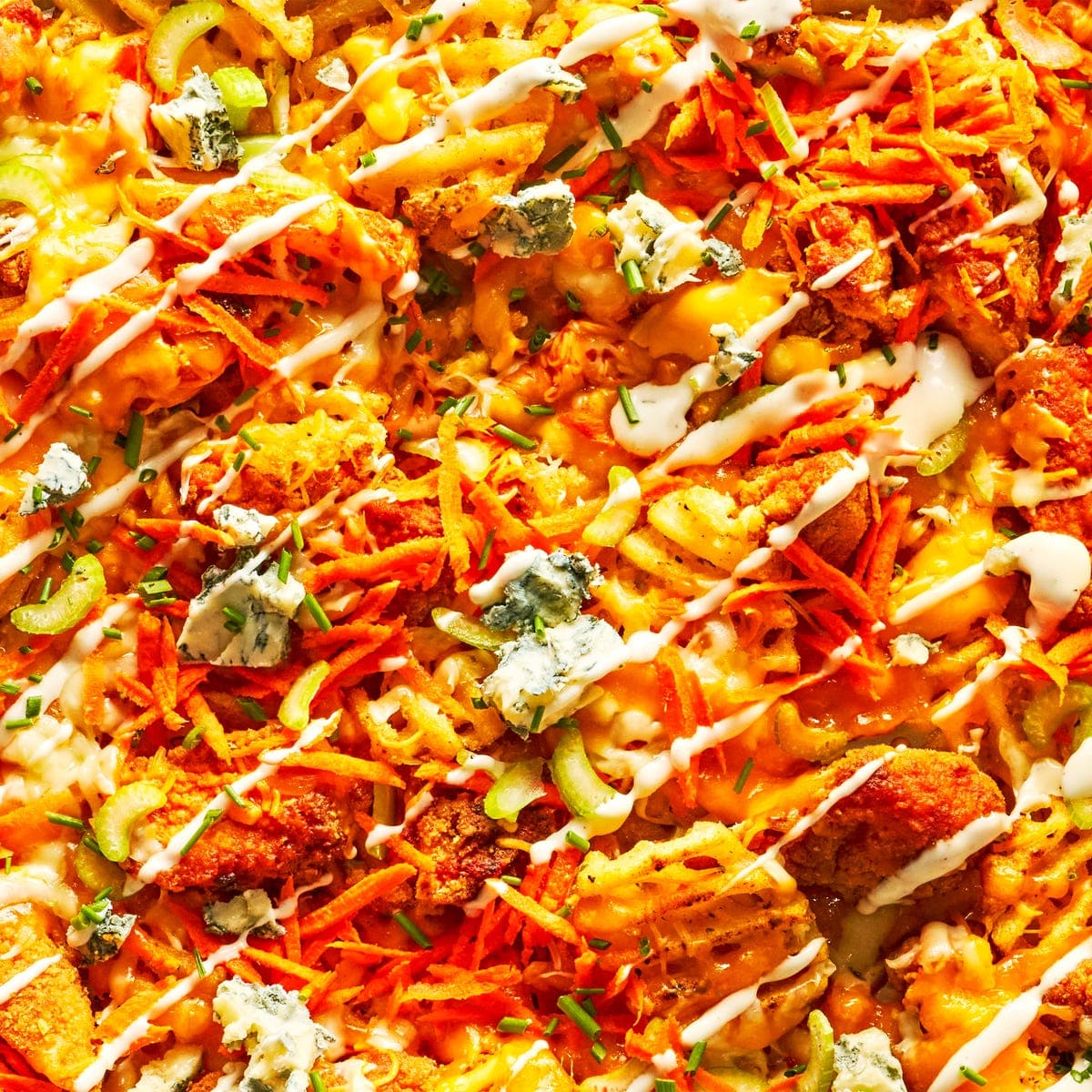 Buffalo Chicken Waffle Fry Nachos