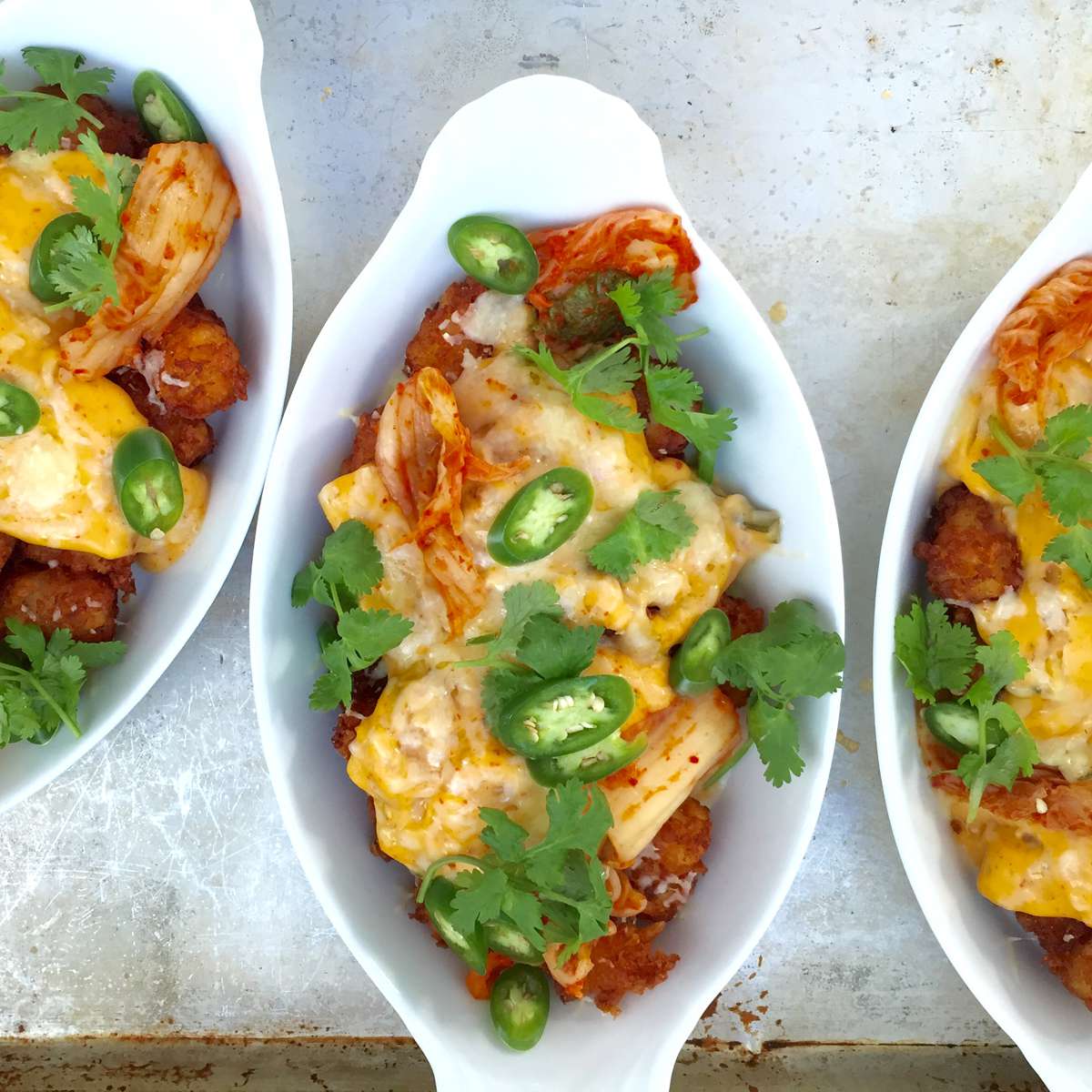 Tater Tot Nachos (Tatchos) with Kimchi Cheese Sauce