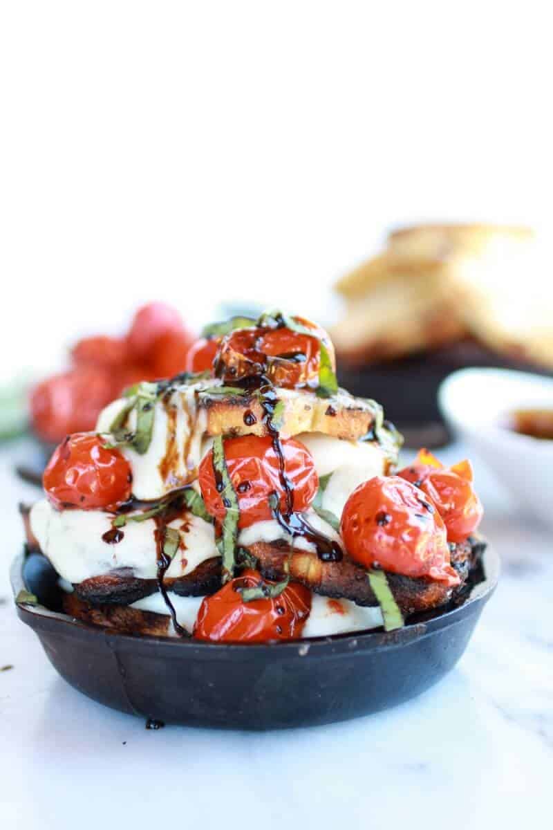 Caramelized Blistered Tomato Grilled Toast Caprese Nachos with Balsamic Glaze