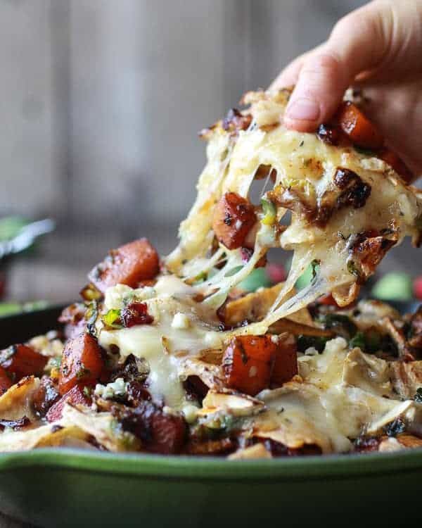 Cranberry, Butternut and Brussels Sprout Brie Skillet Nachos