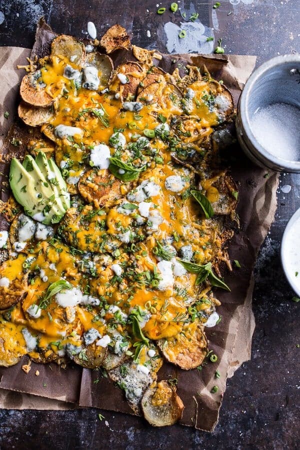 Crispy Buffalo Cheddar Potato Nachos.