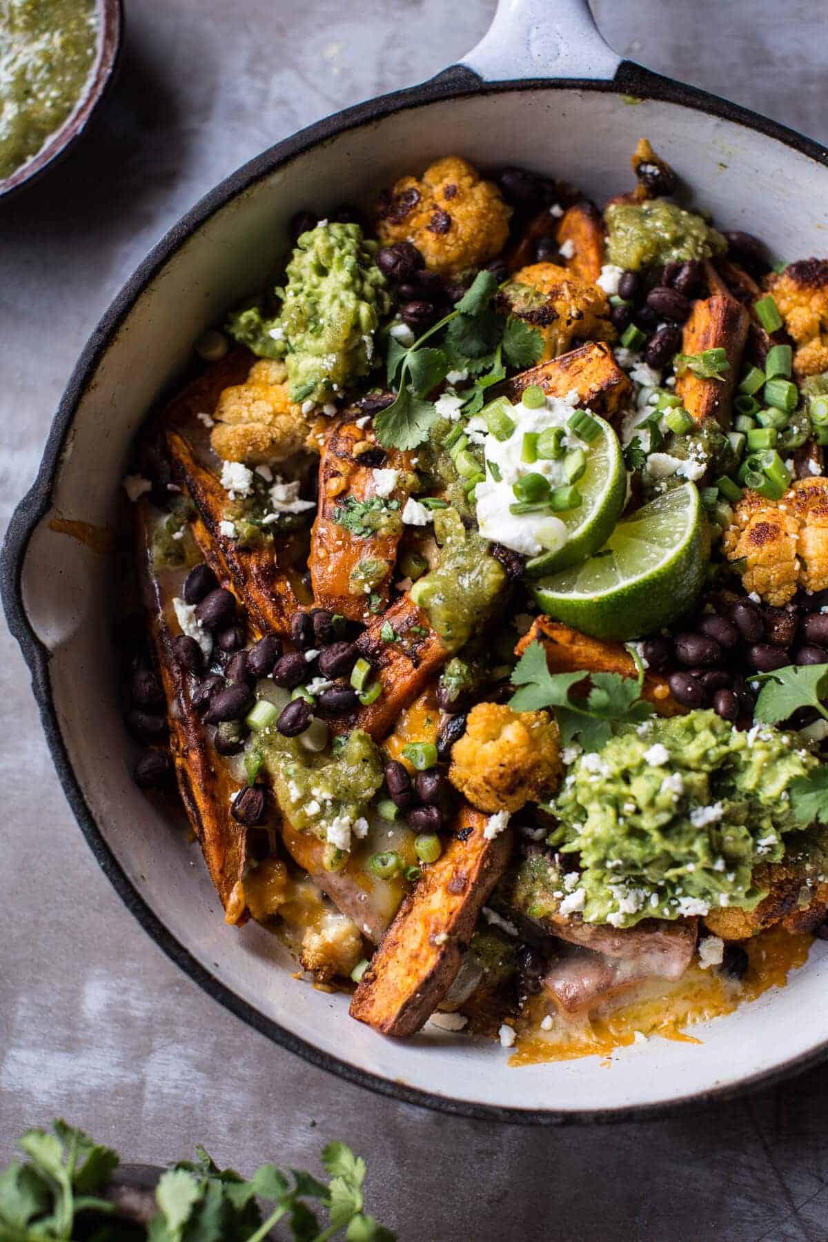Sweet Potato and Black Bean Nachos with Green Chile Salsa.