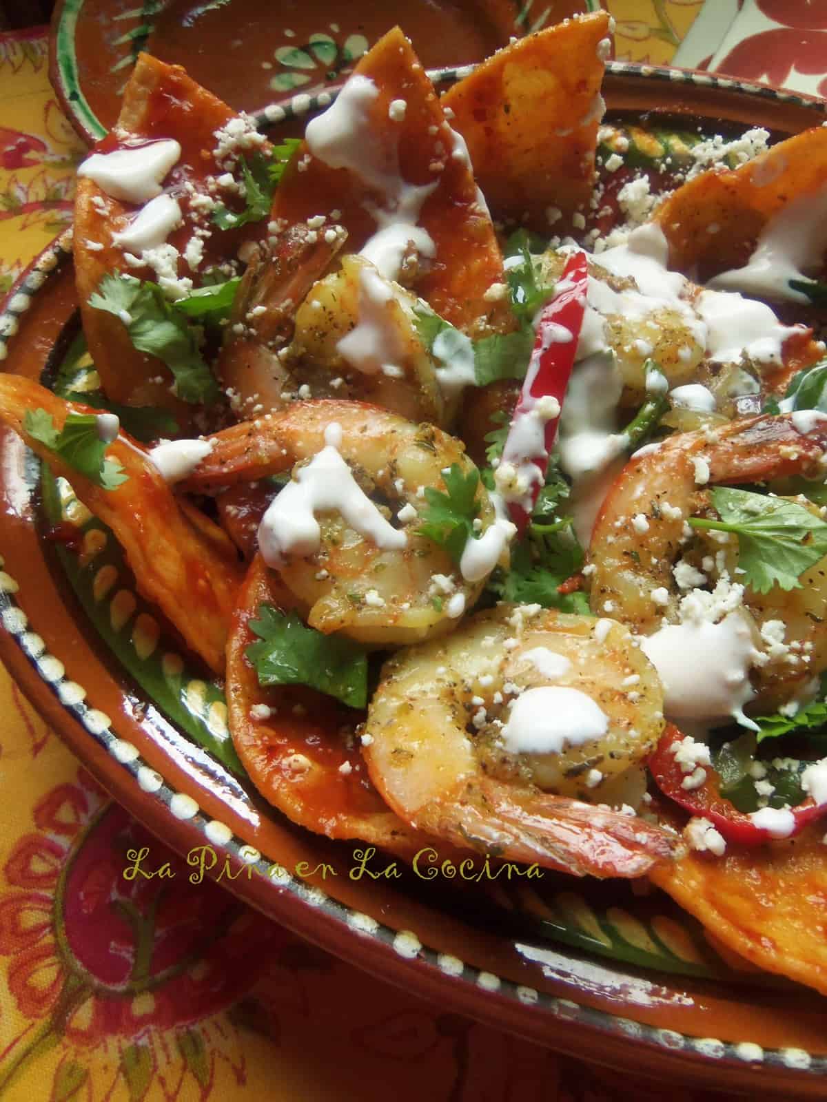 Chilaquiles Rojos Con Camaron (Shrimp Chilaquiles)