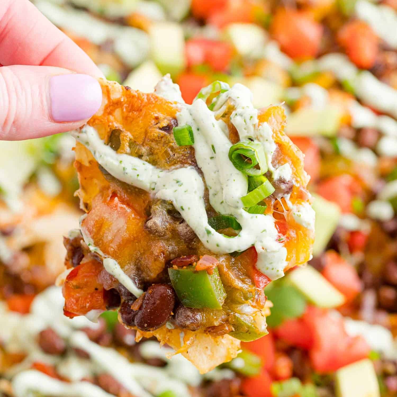 Vegetarian Nachos Recipe with Creamy Cilantro Lime Drizzle