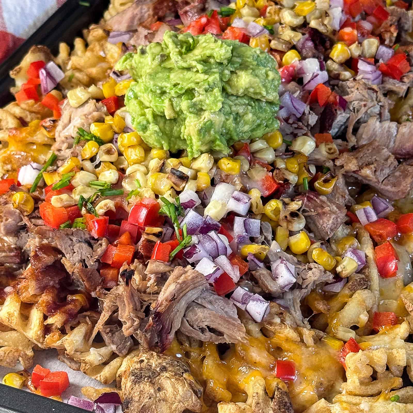 Loaded Waffle Fry Nachos with BBQ Pulled Pork