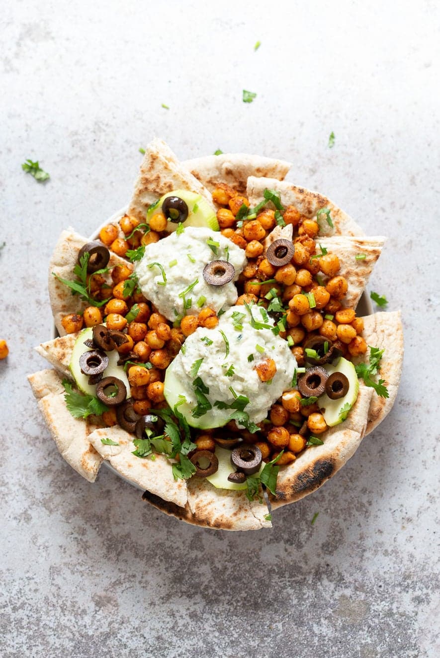 Vegan Mediterranean Nachos with Shawarma Chickpeas, Tzatziki, Pita Bread